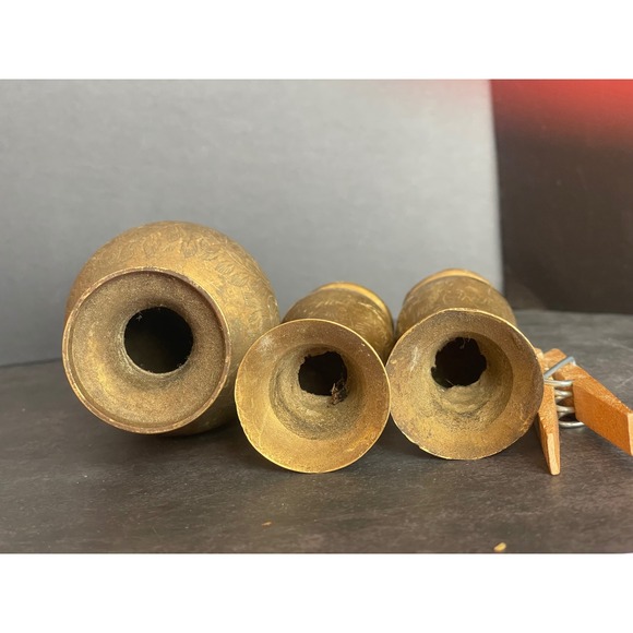 Vintage Brass Vase Set Etched Floral Design Pedestal Base Set of 3 - Picture 6 of 9